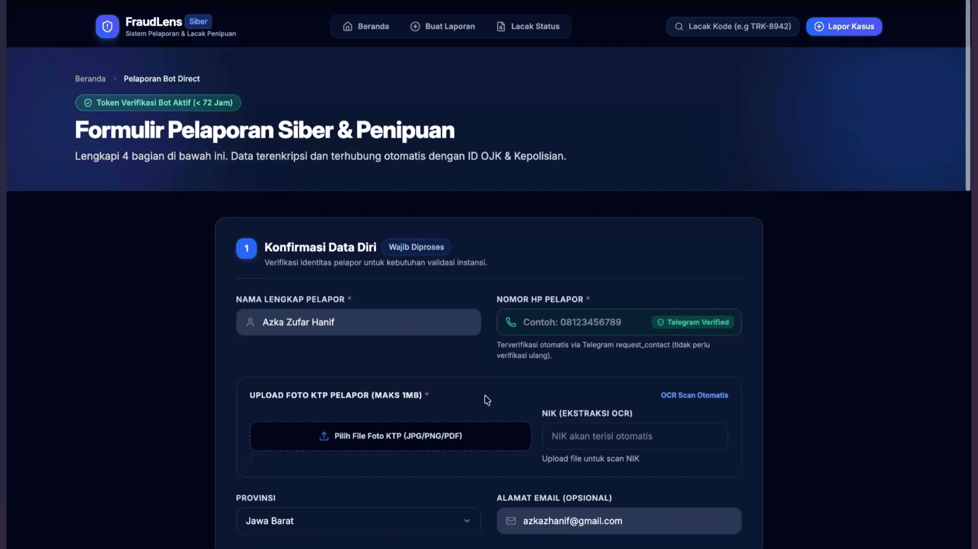 FraudLens — Report form — pre-filled and verified through the Telegram session