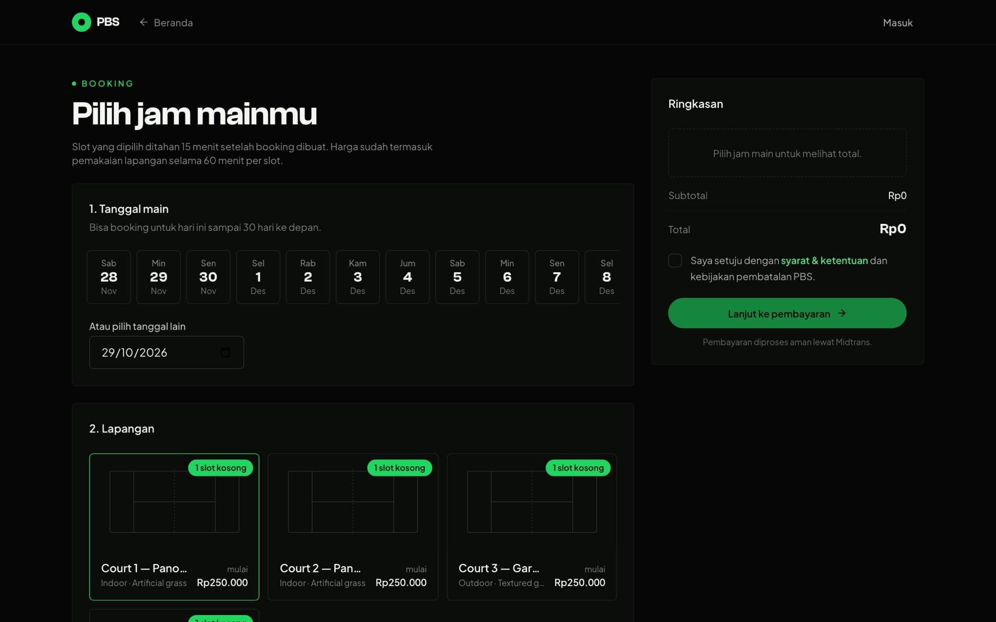Padel Booking System — Booking — pick a date, court, and 60-minute slots, then pay via Midtrans