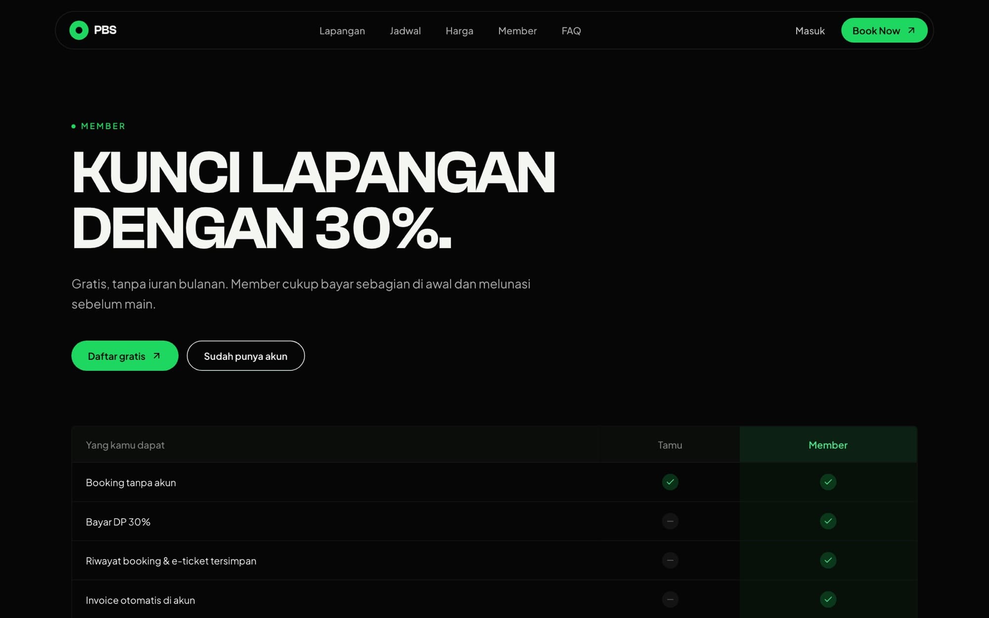 Padel Booking System — Membership — 30% down payment, e-tickets, and automatic invoices
