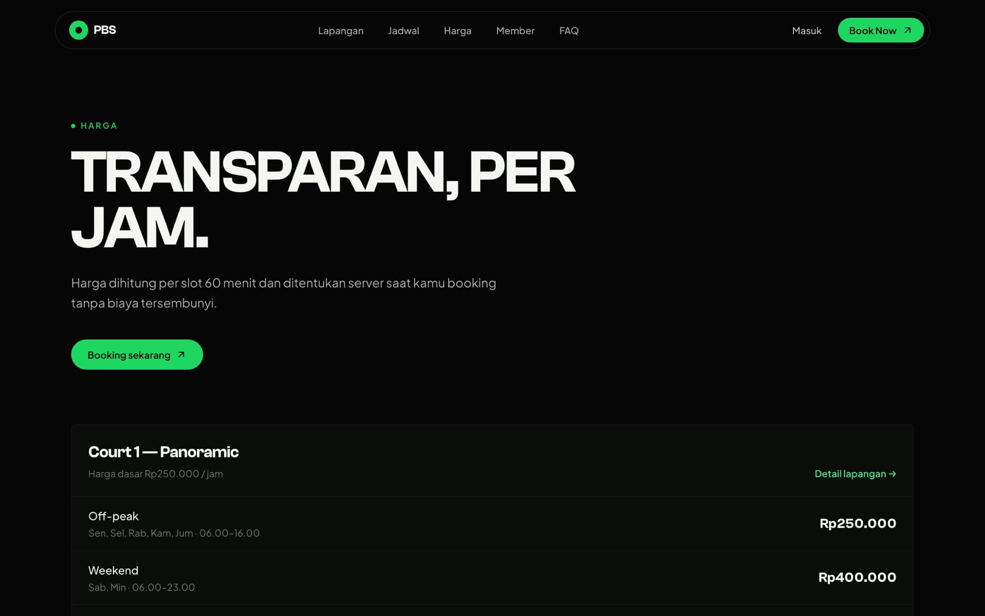 Padel Booking System — Pricing — transparent per-slot rates for off-peak and weekend hours