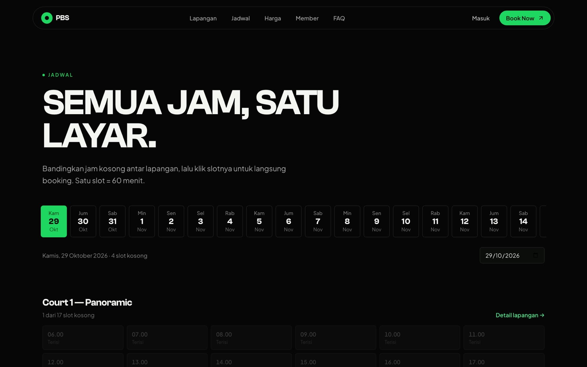 Padel Booking System — Schedule — free hours across every court on one screen