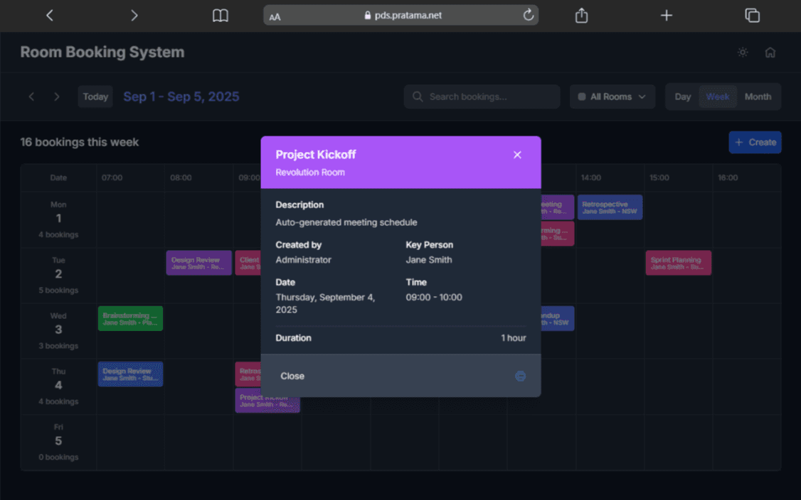 Room Booking System — Booking detail — schedule, key person, duration, and print