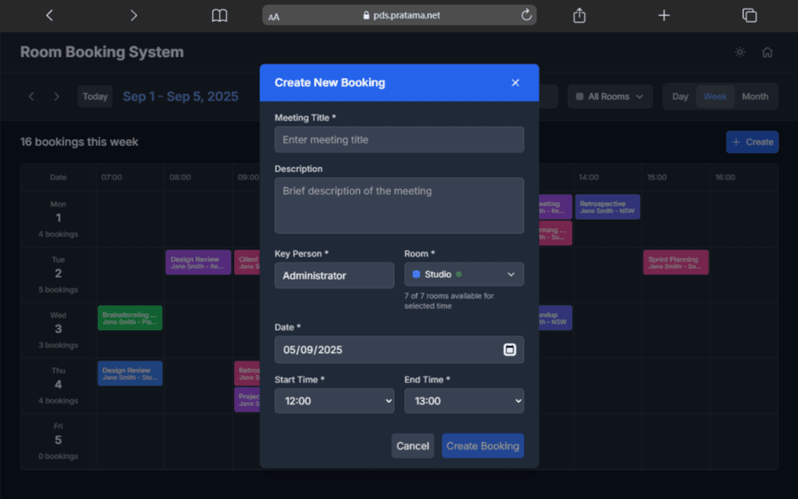 Room Booking System — Create booking — live room availability for the selected slot