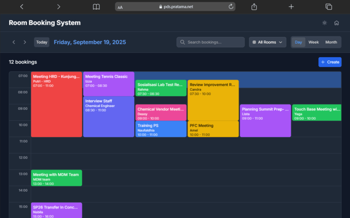 Room Booking System — Day view — every room's schedule for the day side by side