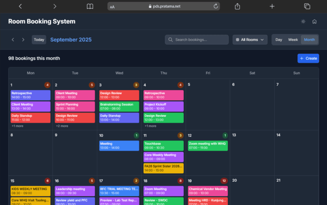 Room Booking System — Month view — booking load per day at a glance
