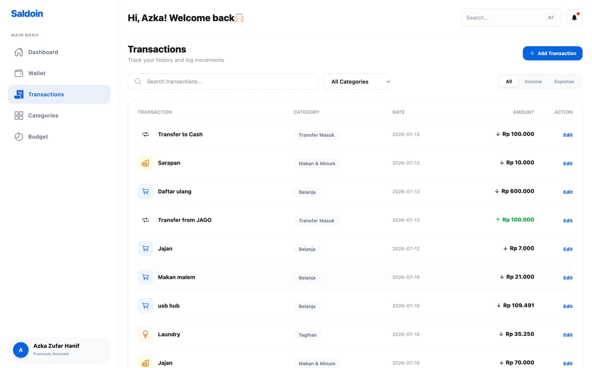 Saldoin — Transactions — searchable, filterable history by category